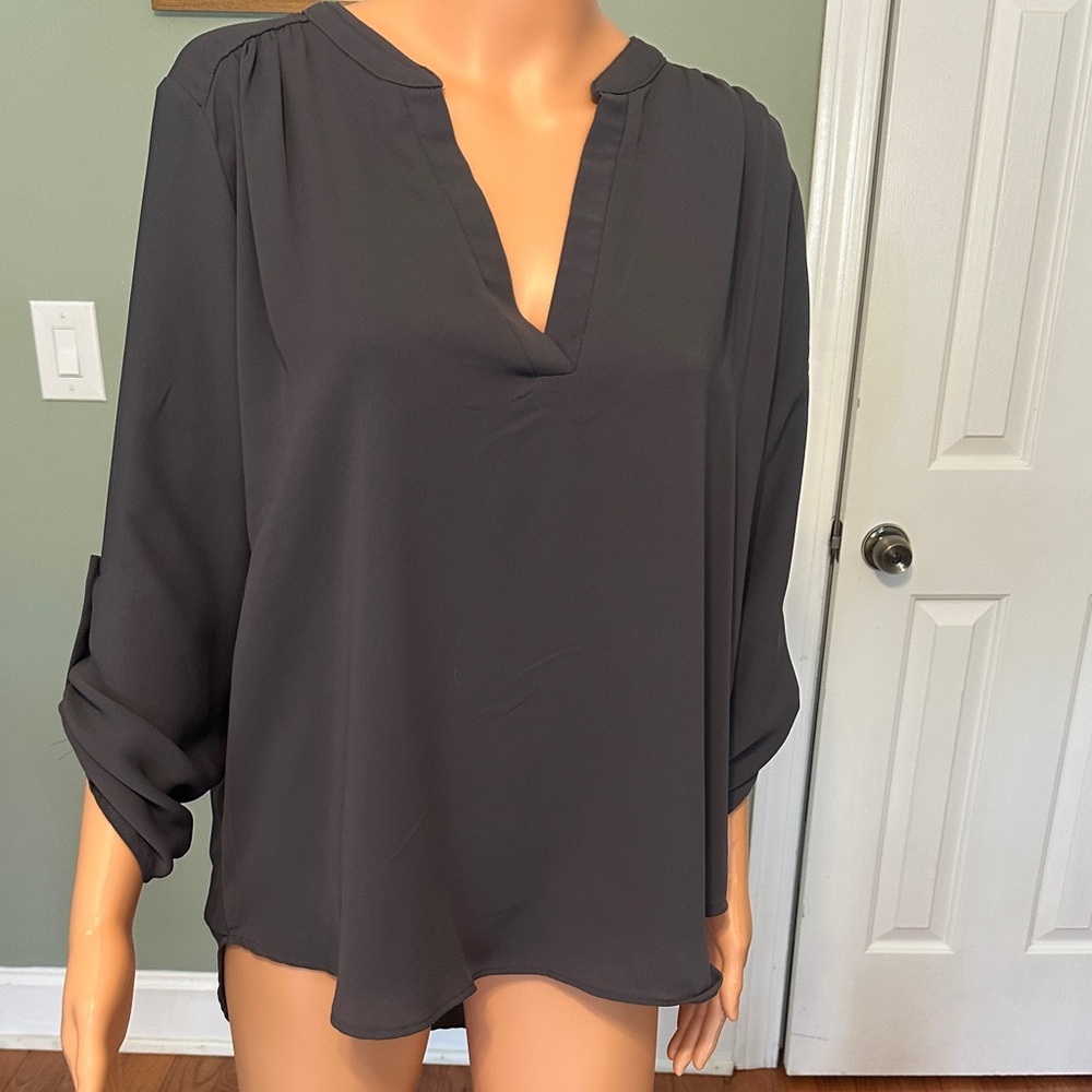 Zenana Outfitters Black Split V-Neck Roll-Tab Blouse
